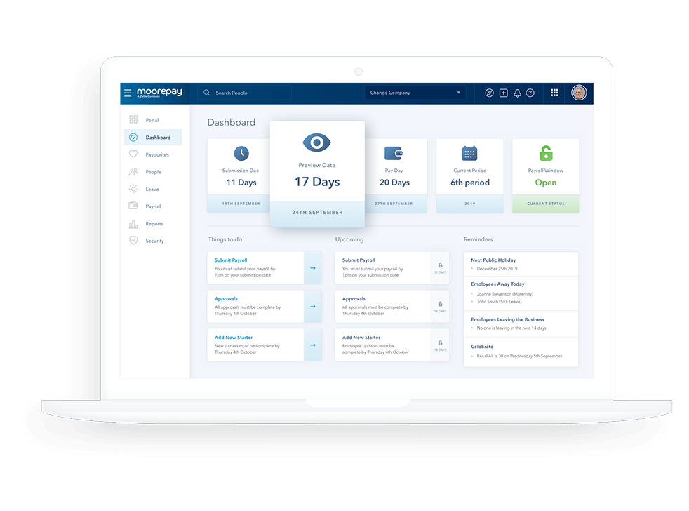 moorepay payroll dashboard on laptop