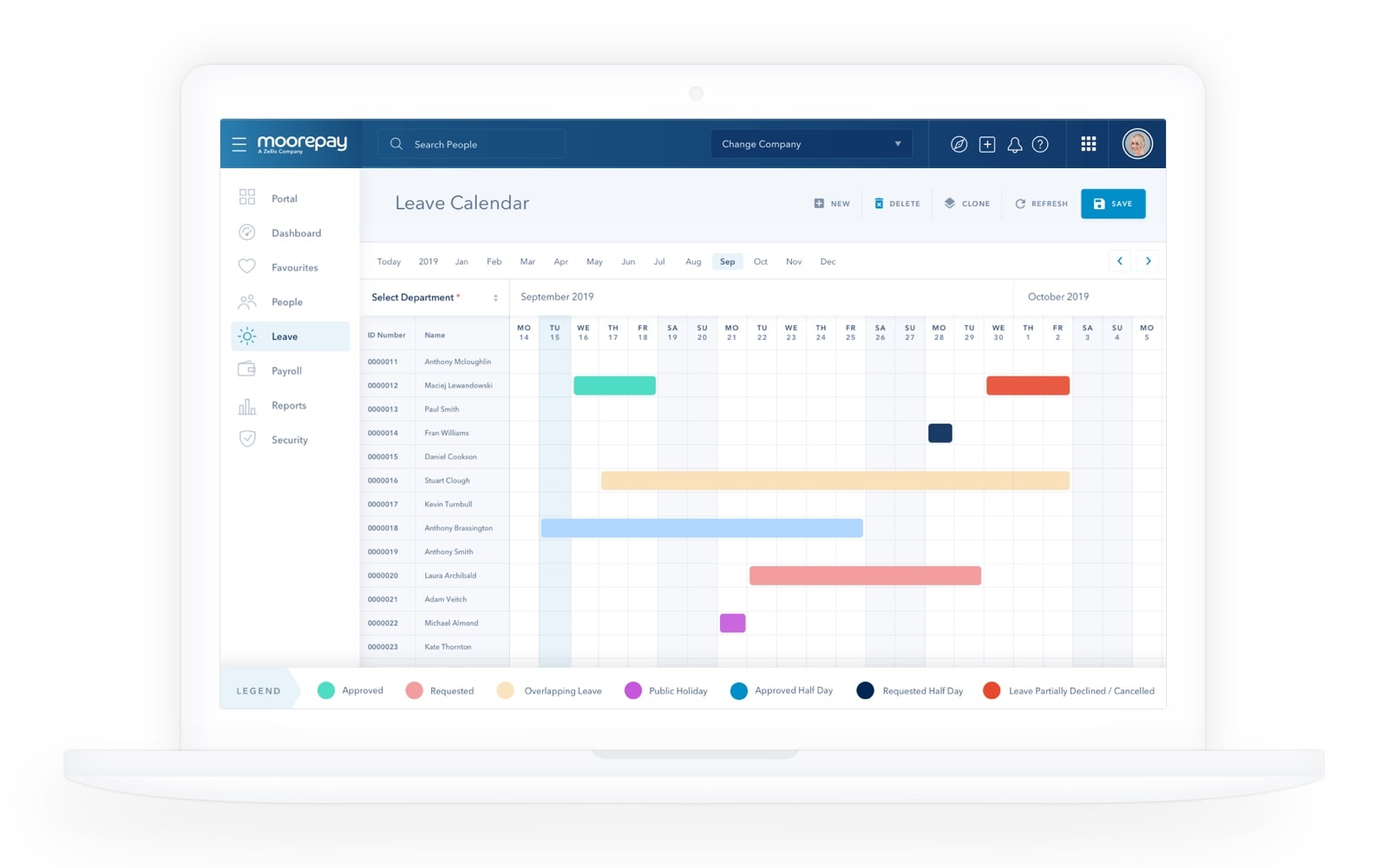 moorepay hr software calendar screen