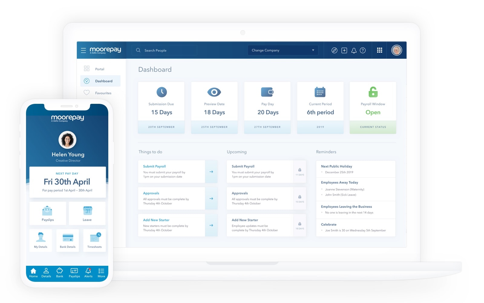 moorepay payroll software dashboard laptop and mobile