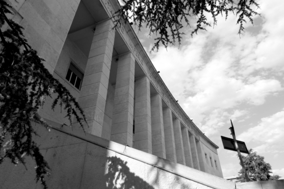 black and white front of courthouse