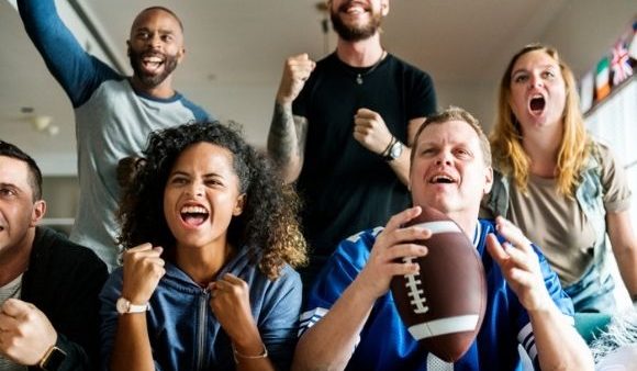 Crowd cheering on a sporting team.