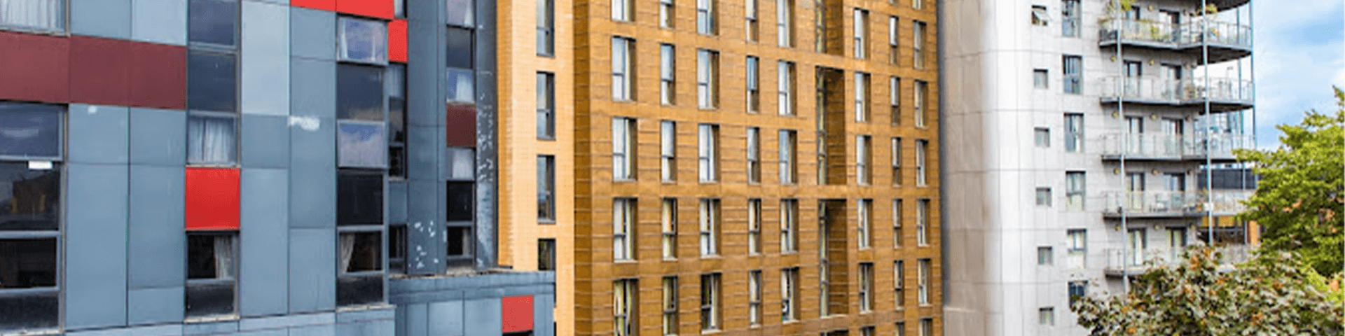 side of three tall buildings