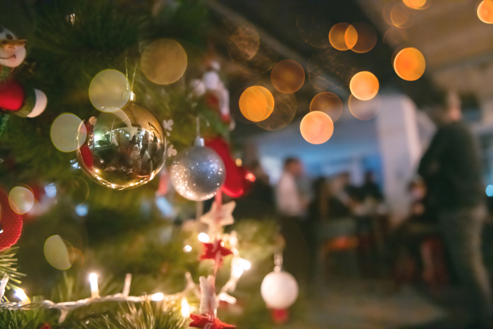 close up of baubles and christmas lights on a tree