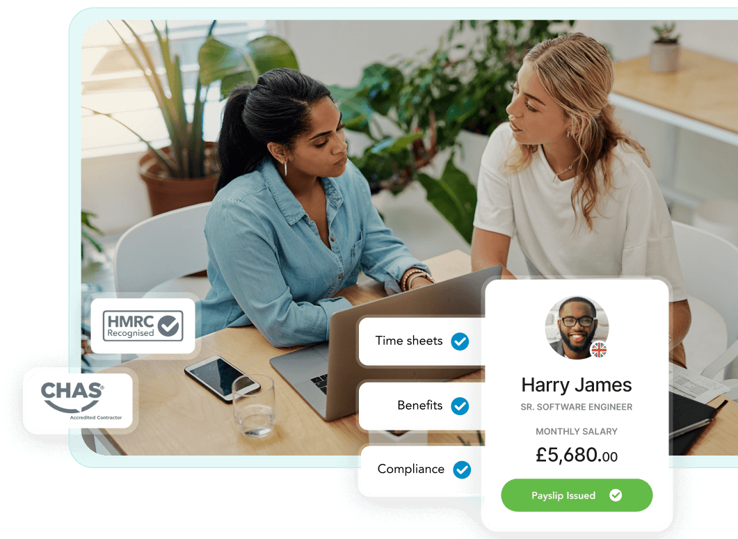 payroll staff with product callouts overlaid